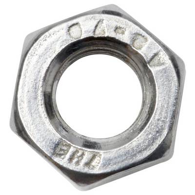 Metal hex nut with threaded center hole, labeled with 'OARCY BM' on surface, used for fastening purposes.