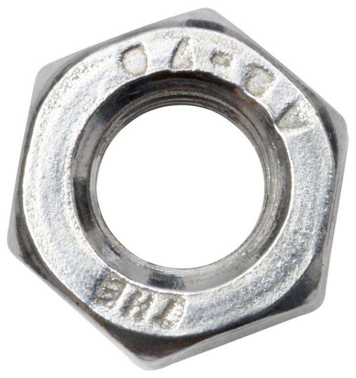 A shiny, six-sided metal nut with a threaded hole in the center, used for fastening. Engraved with alphanumeric codes.