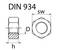 Diagram of a hex nut labeled 'DIN 934' with side and top views; dimensions include height (h), diameter (D), and wrench size (sw).