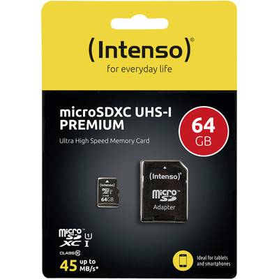 'Intenso microSDXC UHS-I Premium' memory card, 64 GB, with adapter; suitable for tablets and smartphones, up to 45 MB/s.