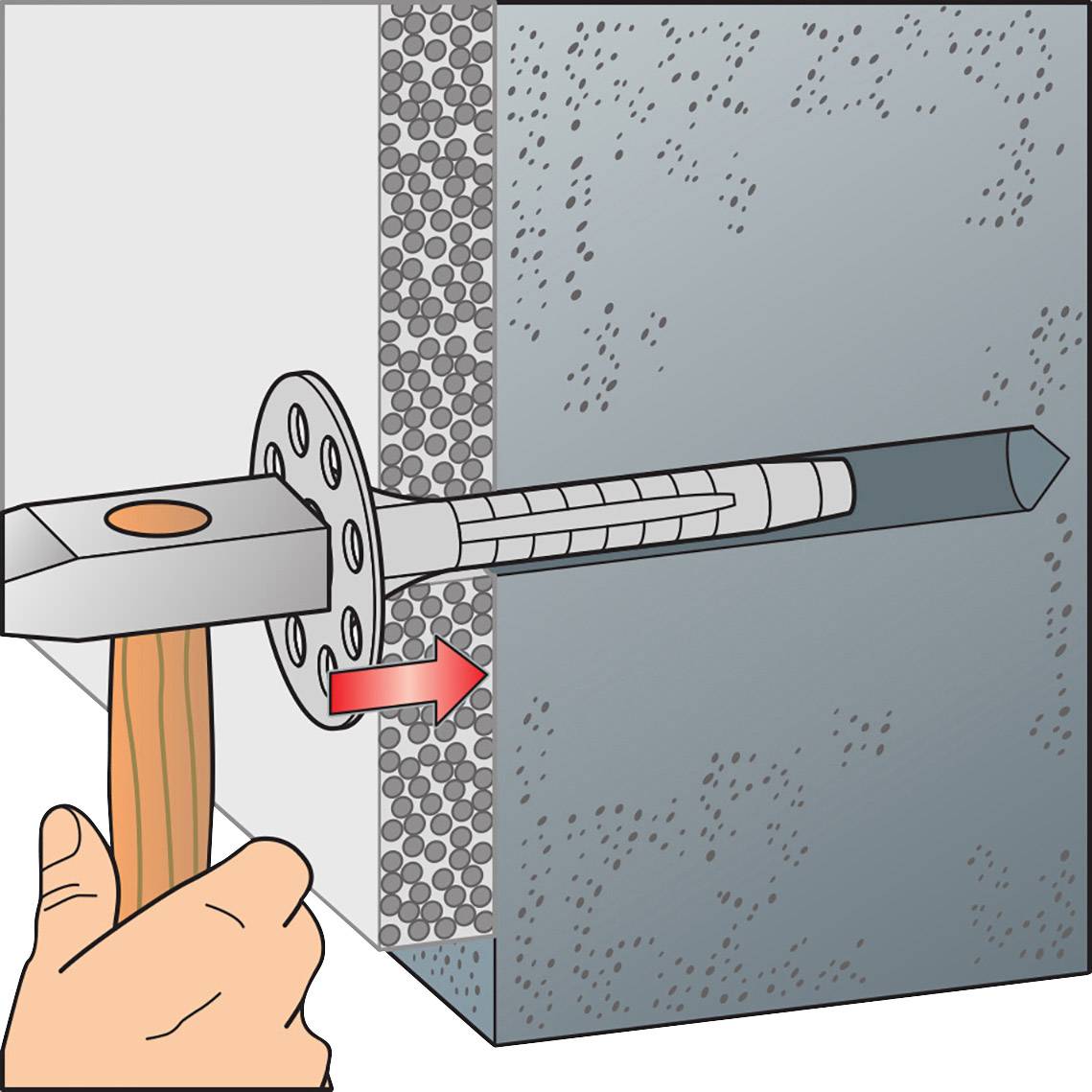 'Illustration of a wall plug being hammered into a wall. The wall shows a cross-sectional view of its layers.'