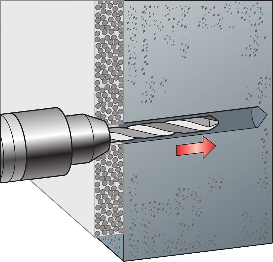 A drill penetrates a wall, with an arrow on the right indicating the drilling depth. The wall consists of various material layers.