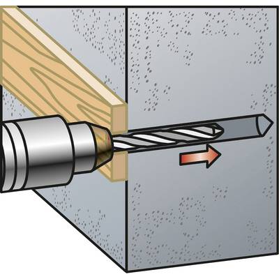 The drill bores through concrete and wood from left to right. The red arrow indicates the drilling direction.