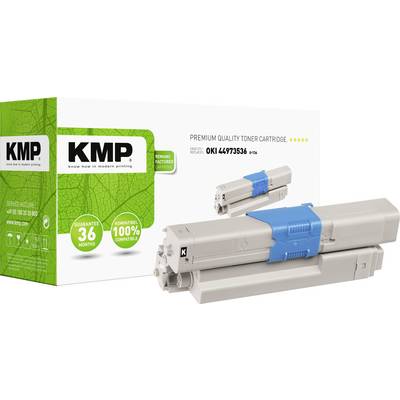 'Toner cartridge for OKI printer, Model 44973536, by KMP. Packaging indicates 36-month warranty and 100% compatibility.'