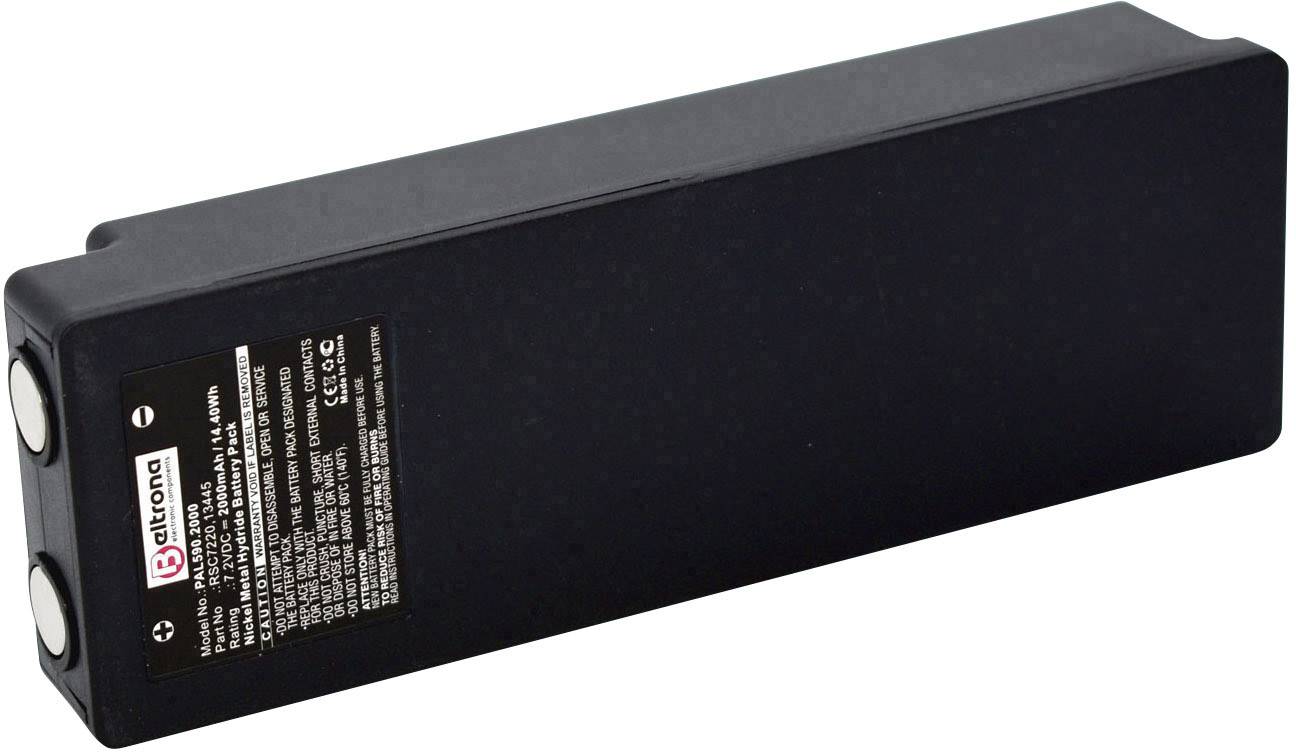 Black rectangular battery with product label and two silver terminals at one end.