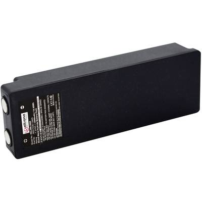 Black rectangular battery with product label and two silver terminals at one end.