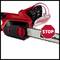 Chainsaw with a red casing and black handle. A red stop sign above the chain signals to halt operation.