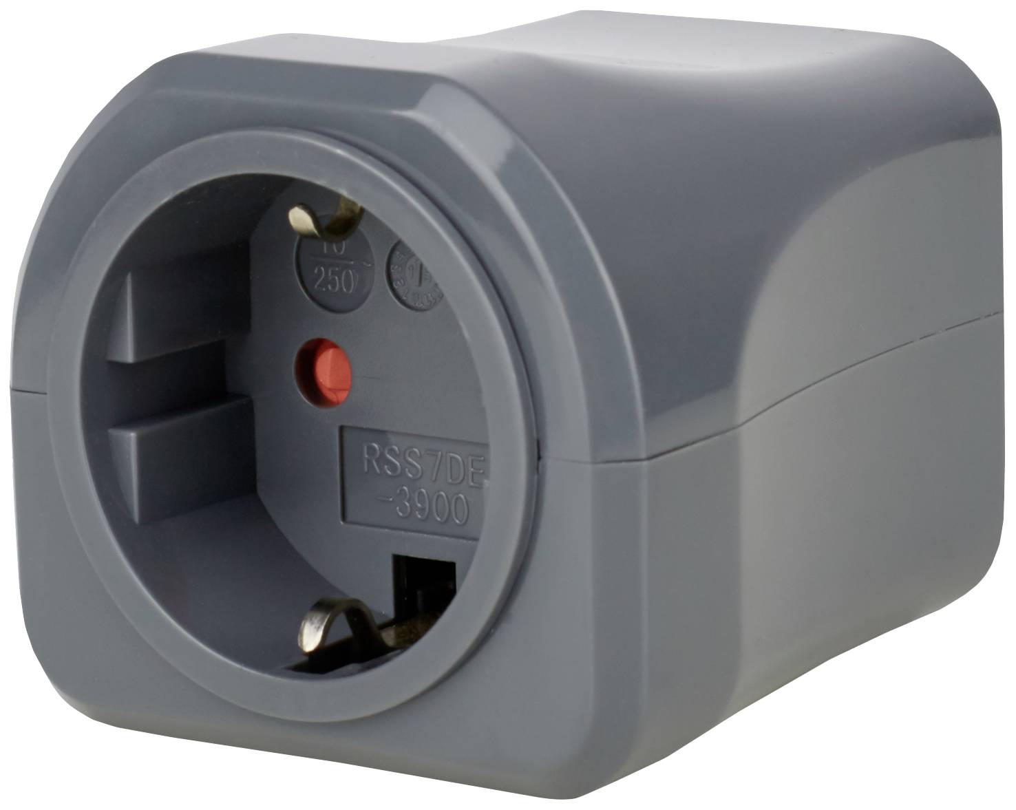 A grey surge protection socket with a red indicator light, suitable for protecting electronic devices against voltage spikes.