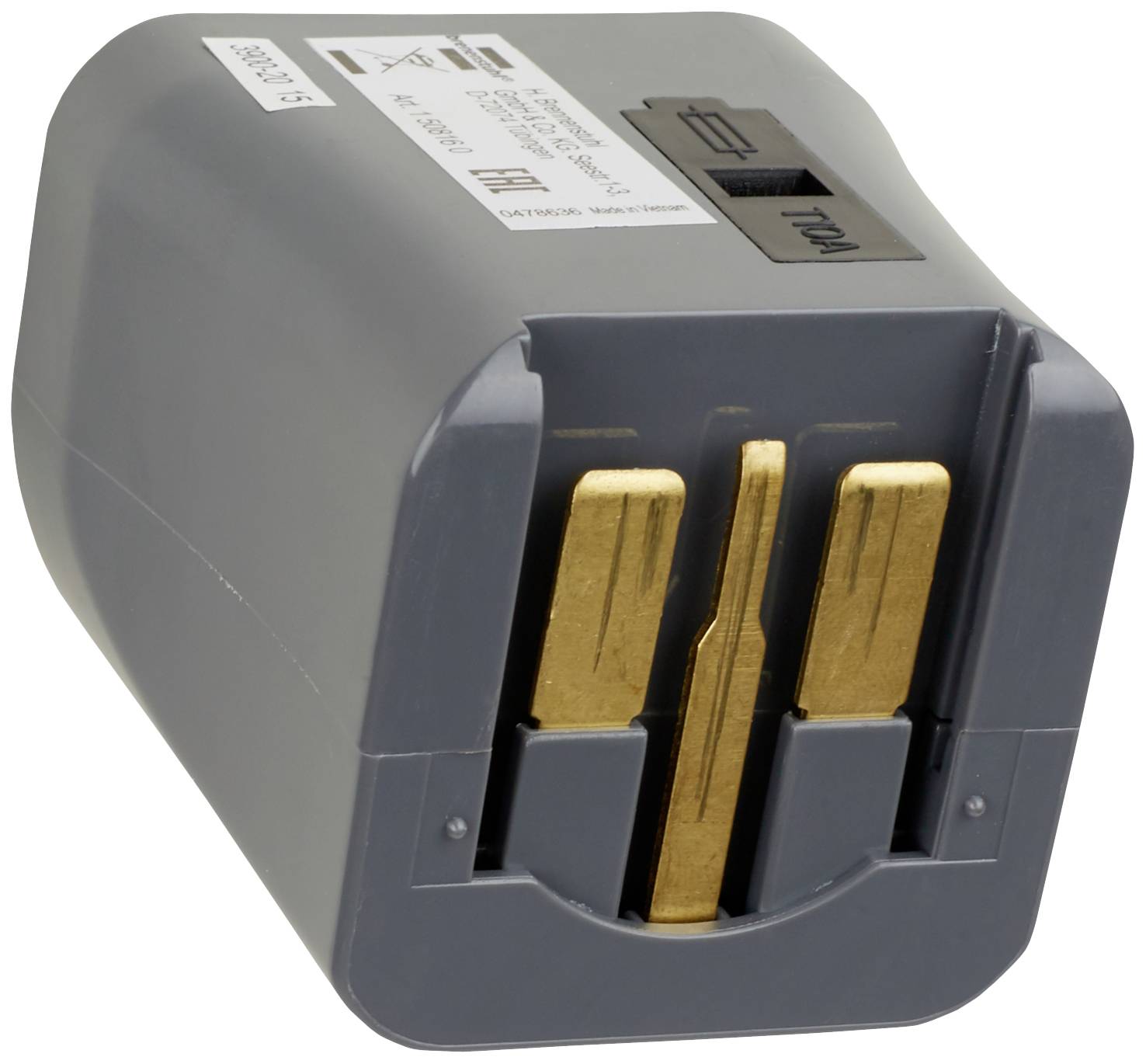 A grey adapter with golden plug contacts is shown. This device is frequently used for electrical connections.