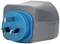 A grey adaptor plug with a blue front panel and two metallic blades. Suitable for electrical sockets.