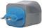 A blue, three-pin electrical plug adapter with a grey cover, adapted for European sockets, is shown.