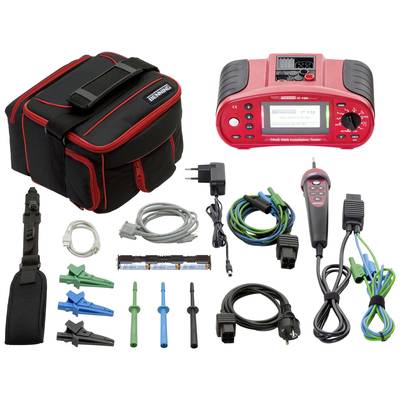 Testing device with accessories: red electronic unit, various cables, test clips, battery charger, black carrying case.