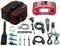 Testing device with accessories: red electronic unit, various cables, test clips, battery charger, black carrying case.