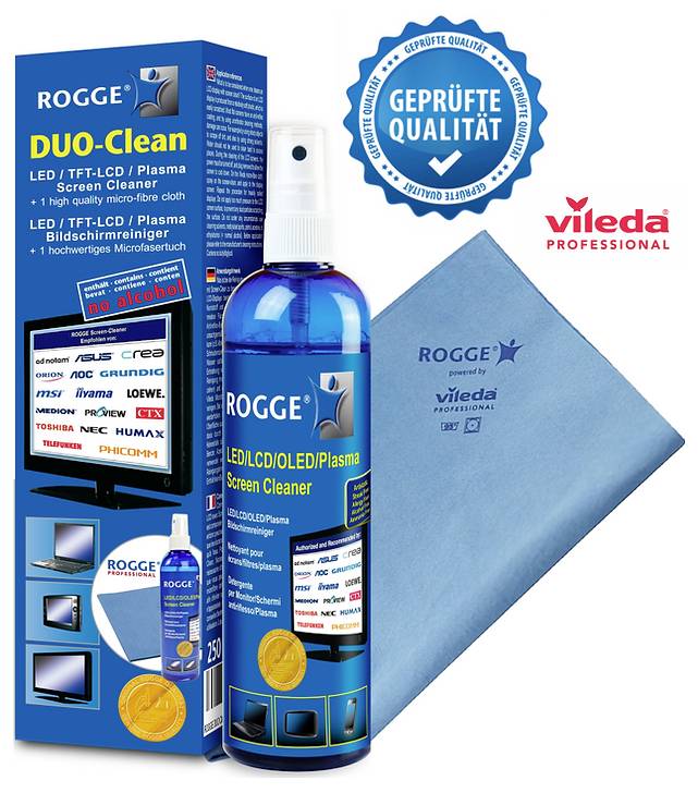 'ROGGE DUO-Clean screen cleaner set with blue spray bottle and cloth. Suitable for LED, TFT-LCD, Plasma. Contains no alcohol.'