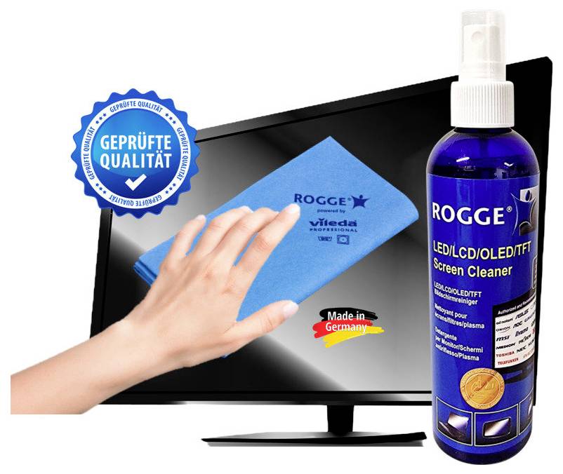 Hand cleaning a TV screen with a blue cloth; bottle of ROGGE screen cleaner nearby. Labels indicate 'Geprüfte Qualität' and 'Made in Germany'.