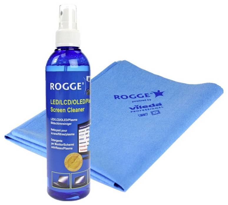 A blue bottle of screen cleaner labeled 'LED/LCD/OLED/Plasma Screen Cleaner' next to a folded blue microfiber cloth.