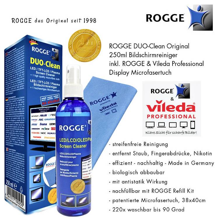 ROGGE DUO-Clean screen cleaner product packaging with microfiber cloth. Highlights include streak-free cleaning for screens, efficient against dust and smudges, 250ml bottle, compatible with ROGGE Refill Kit.