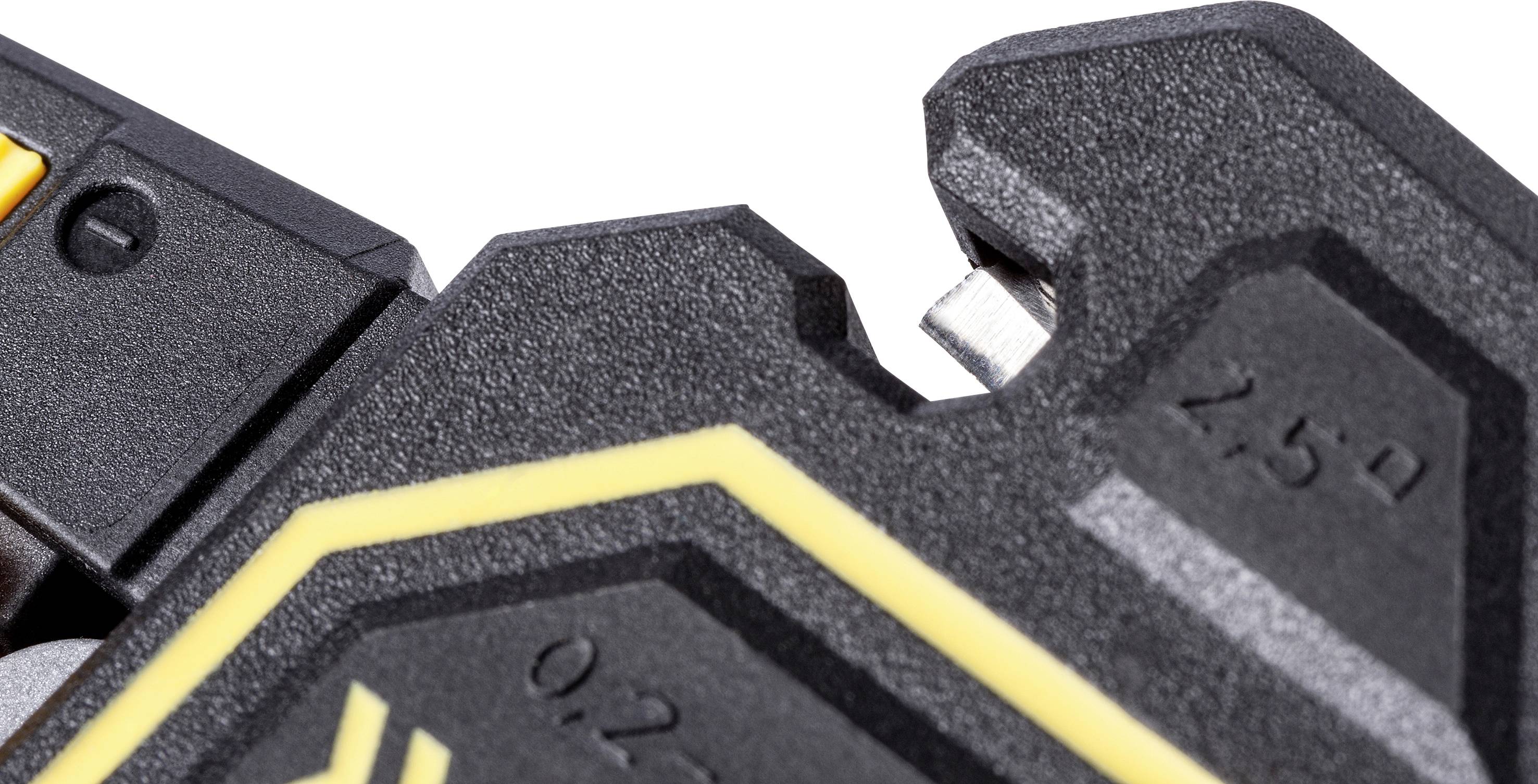 Close-up of a black metal tool with yellow accents, showing details of a serrated area and the marking '2.5'.