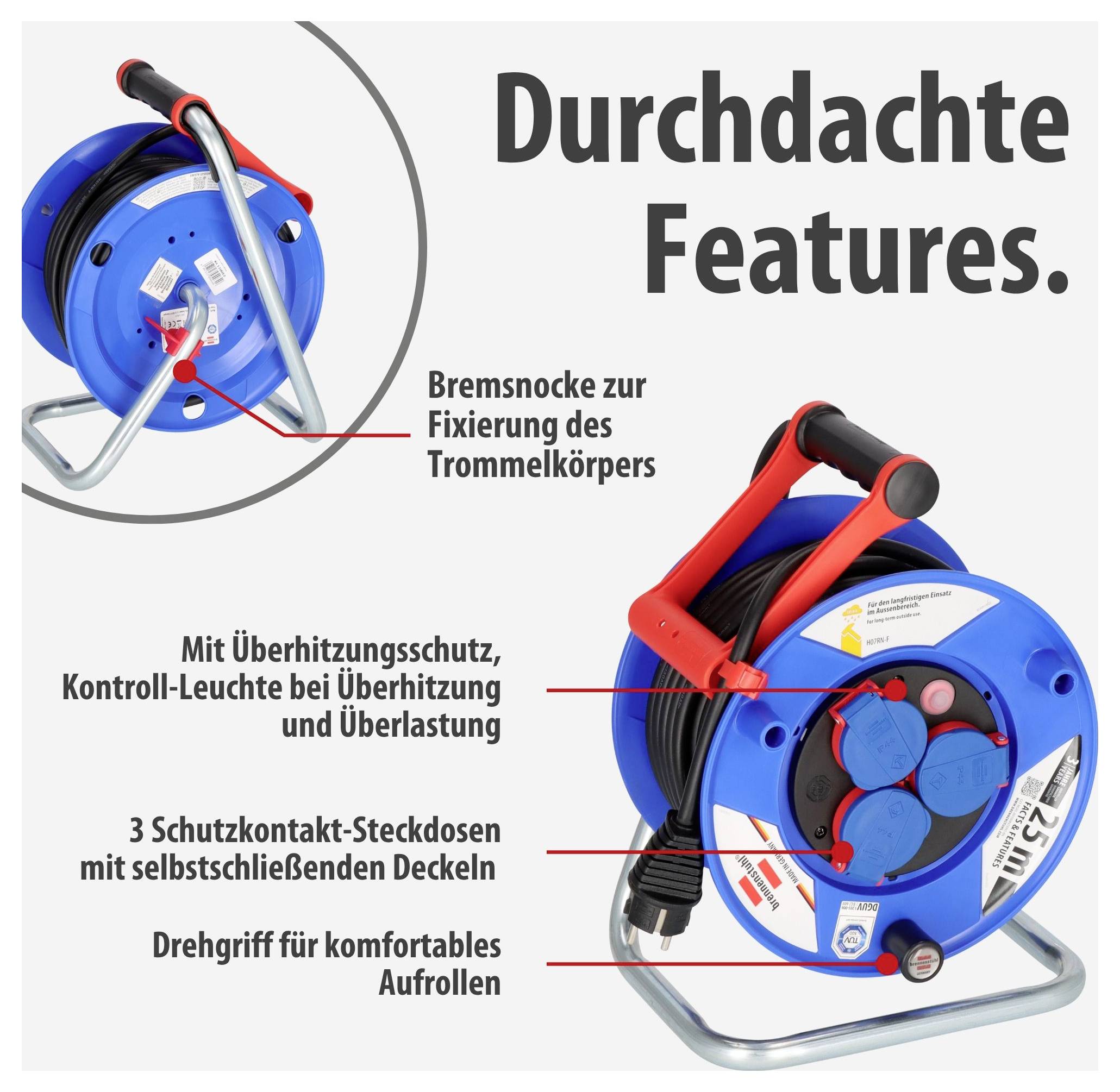 Cable reel with 'Well-Thought-Out Features': brake cam, overheat protection with indicator light, 3 earthed sockets and rotating handle for winding up.