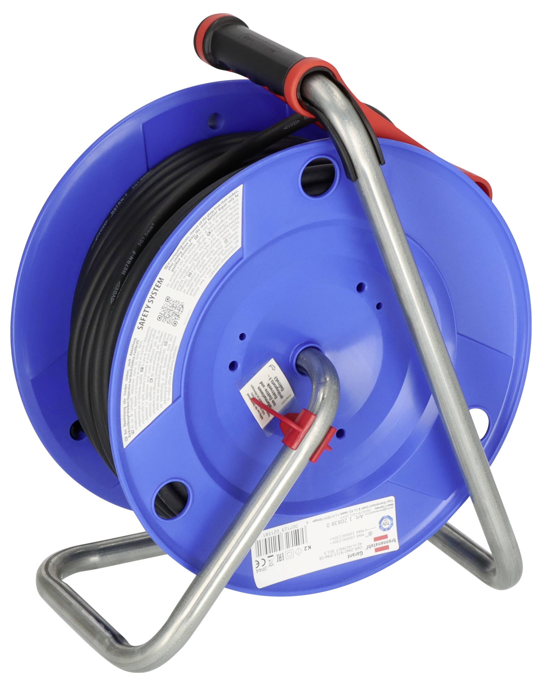 Blue extension cord reel with a sturdy metal stand, carrying wrapped black cable.