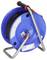 Blue extension cord reel with a sturdy metal stand, carrying wrapped black cable.