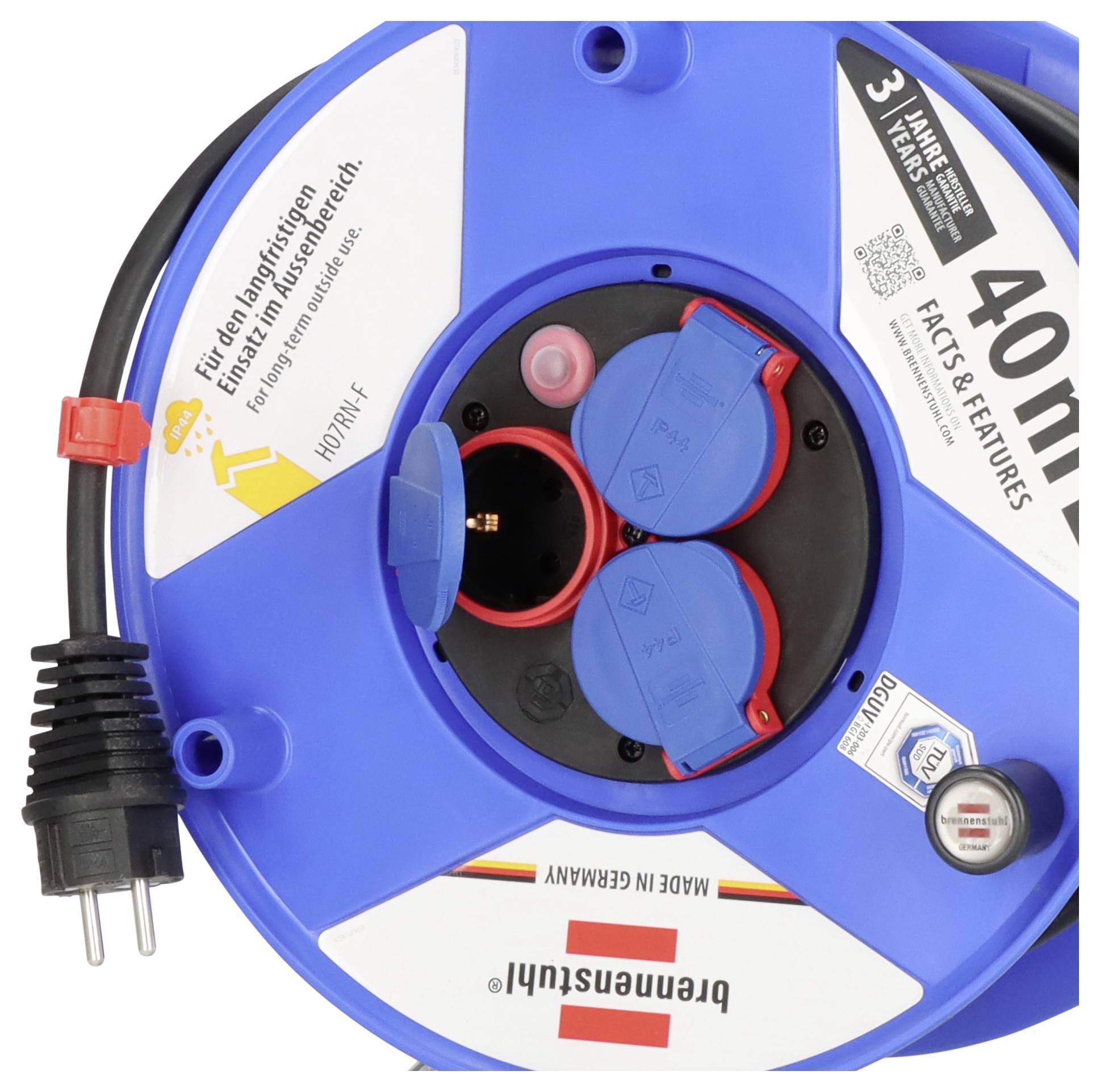 'A blue cable reel with two sockets, a red handle, and a plug. Label reads '40 m FACTS & FEATURES'. Instructions and features are listed.'