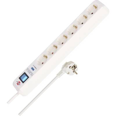 White six-outlet power strip with illuminated on/off switch and European plug, shown on a plain background.