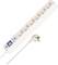 White multi-socket power strip with six outlets, a blue on/off switch, indicator lights, and a European plug and cord attached.<br>