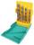 Open yellow-and-teal plastic drill bit case holding assorted drill bits, with the lid open to display the bits.
