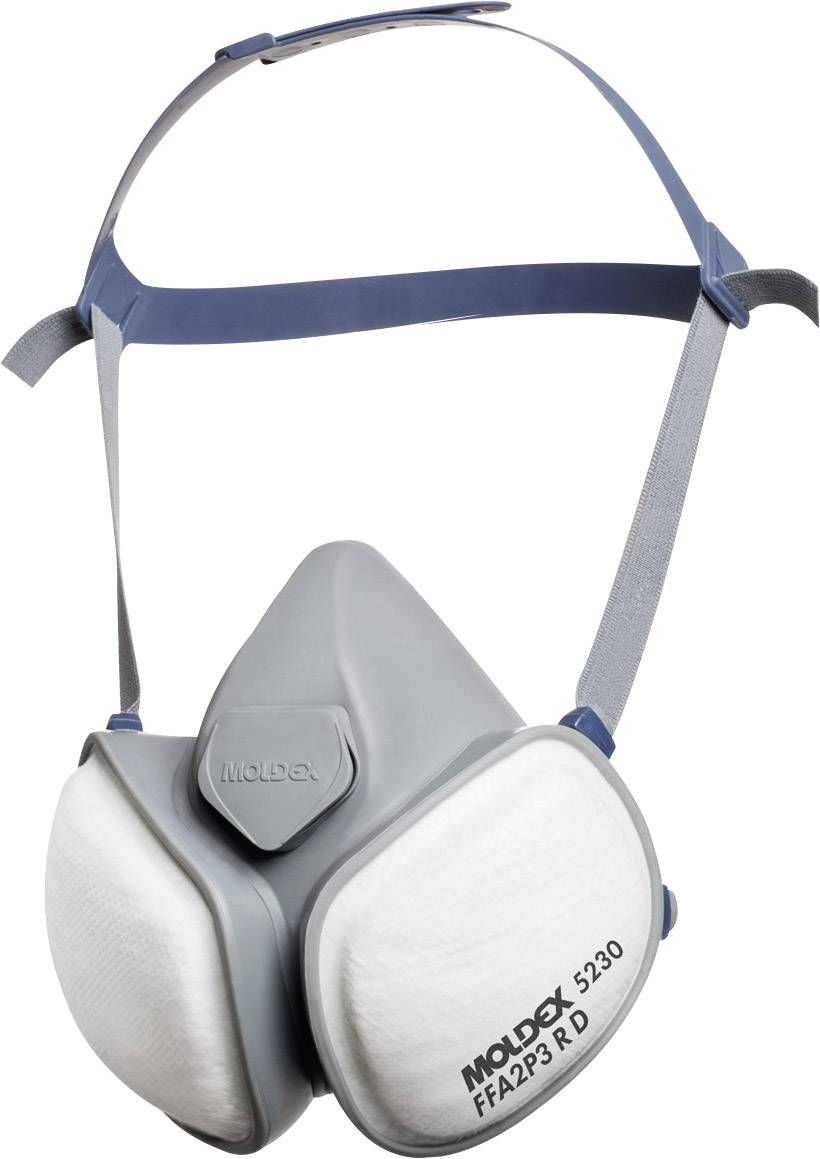 Respiratory mask with a grey housing and white filters on the sides, fitted with adjustable straps for a secure fit.