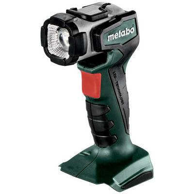 Metabo cordless handheld work light with LED head and battery base on a white background.