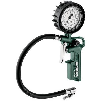 Analog tire pressure gauge with hose and air chuck, showing a pressure dial on a green handheld inflator tool.