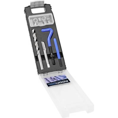 An open tool set with drill bits, screwdrivers and a blue spanner, arranged in a black plastic case.