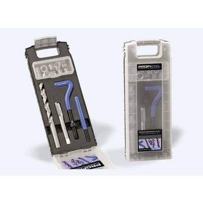 A thread repair kit: includes drill, tap, installation tool and thread inserts in a plastic case.