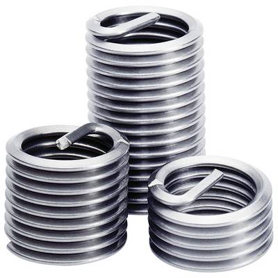 Three silver screw inserts of different sizes, standing and lying down, on a white background. They are metallic and cylindrical.