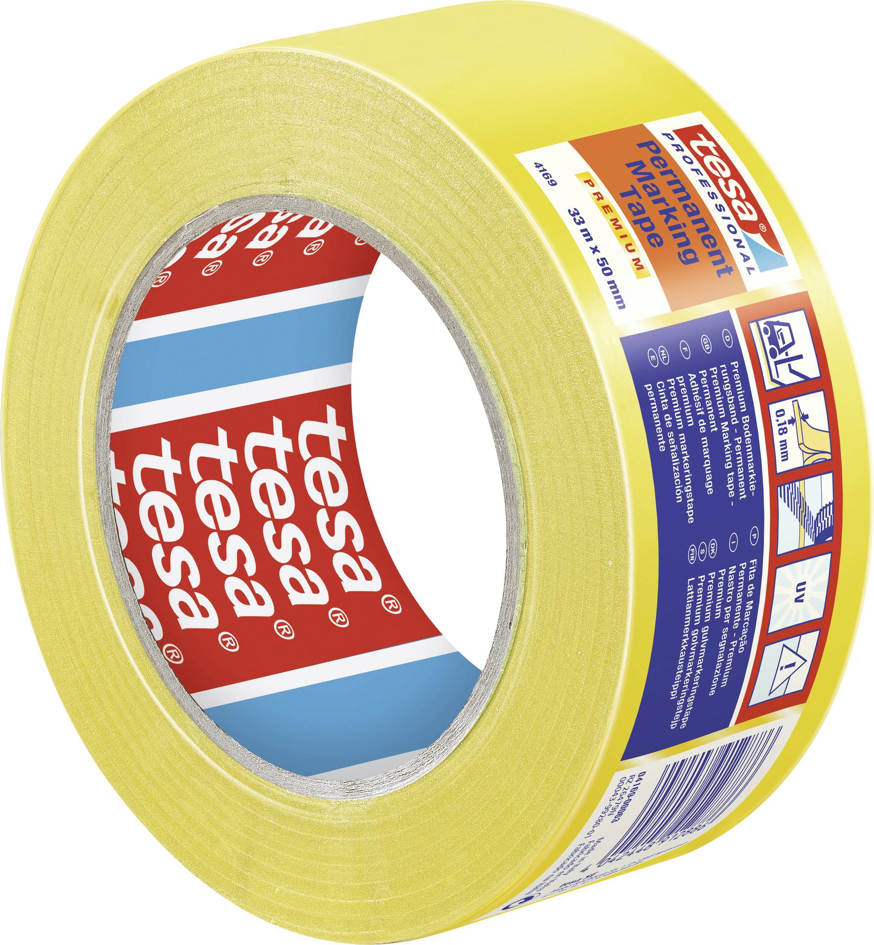 A roll of yellow painter's masking tape from the brand 'tesa', with information on the label about UV resistance and masking properties.