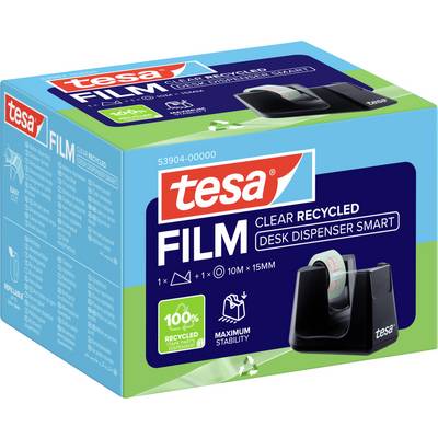 A green box of 'tesa' recycled clear adhesive film with a desk dispenser. Highlights include 100% recycled materials and easy use.