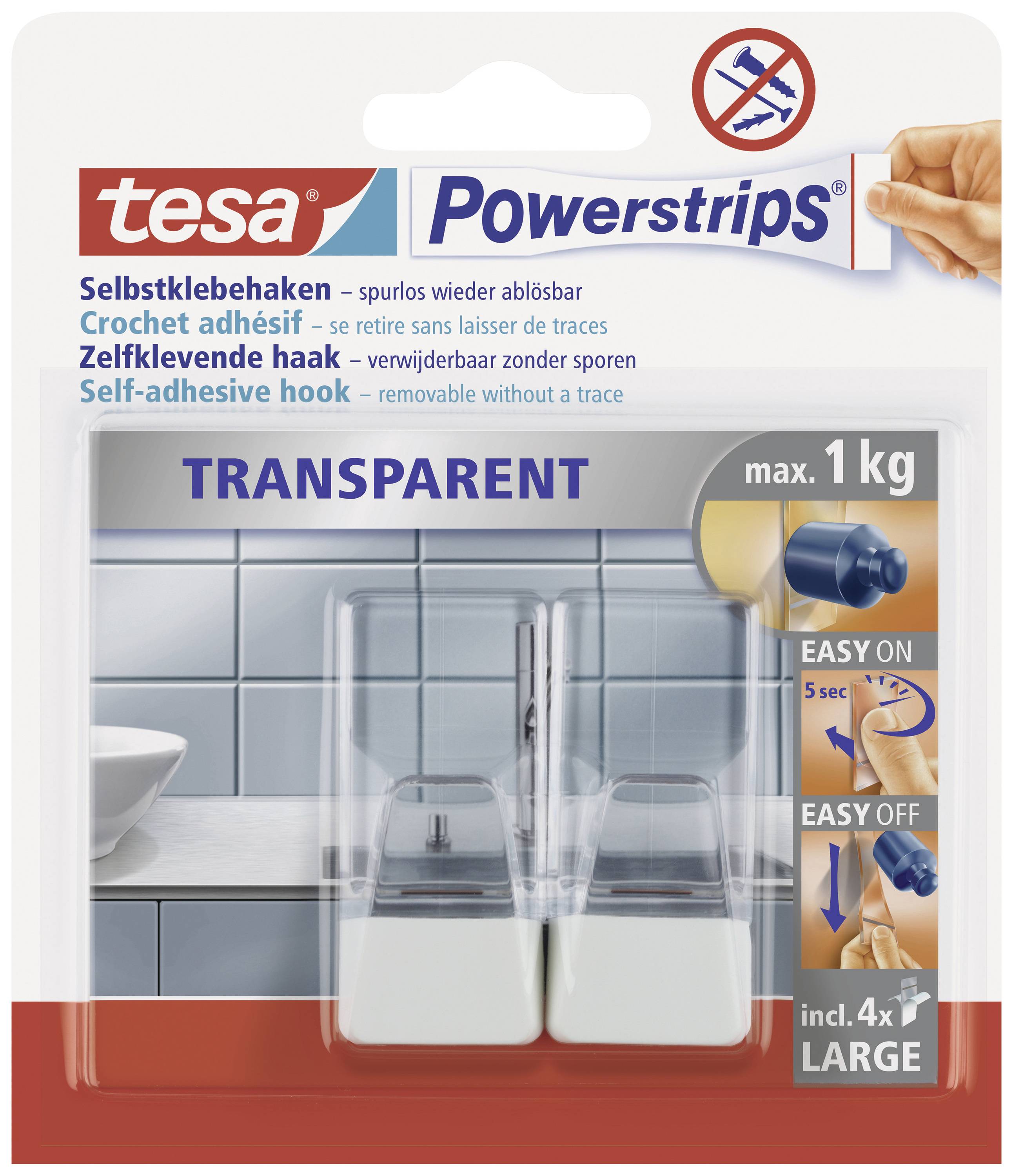 tesa POWERSTRIPS® Large adhesive hooks Transparent, White Content: 2 pc(s)