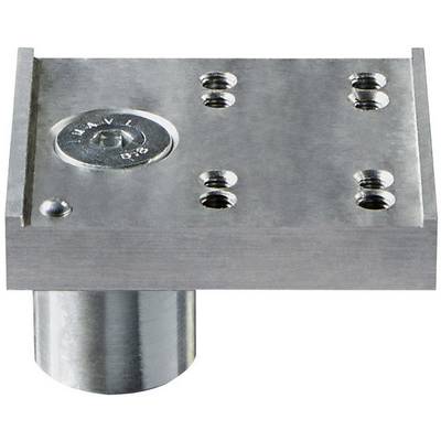 Metal plate with multiple screw holes and a cylindrical pin at the bottom, potentially part of a mechanical fastening system.