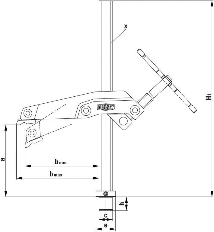 Technical drawing of a lever clamp at maximum position. Dimensions b_min, b_max, a, H1 and x are marked.