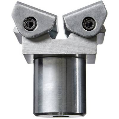 A metallic tool part with two sharp cutting edges and a cylindrical base, likely for machining purposes.