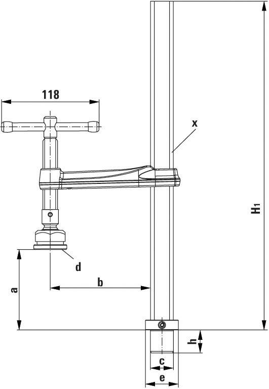 Technical drawing of a clamping device with dimensional specifications, showing construction details, including measurements in millimetres.