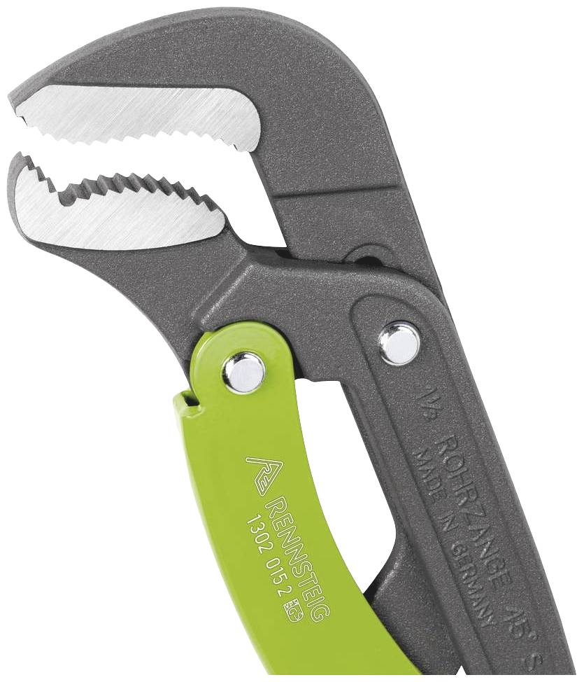 A grey pipe wrench with green handles, suitable for gripping and turning pipes and round objects.