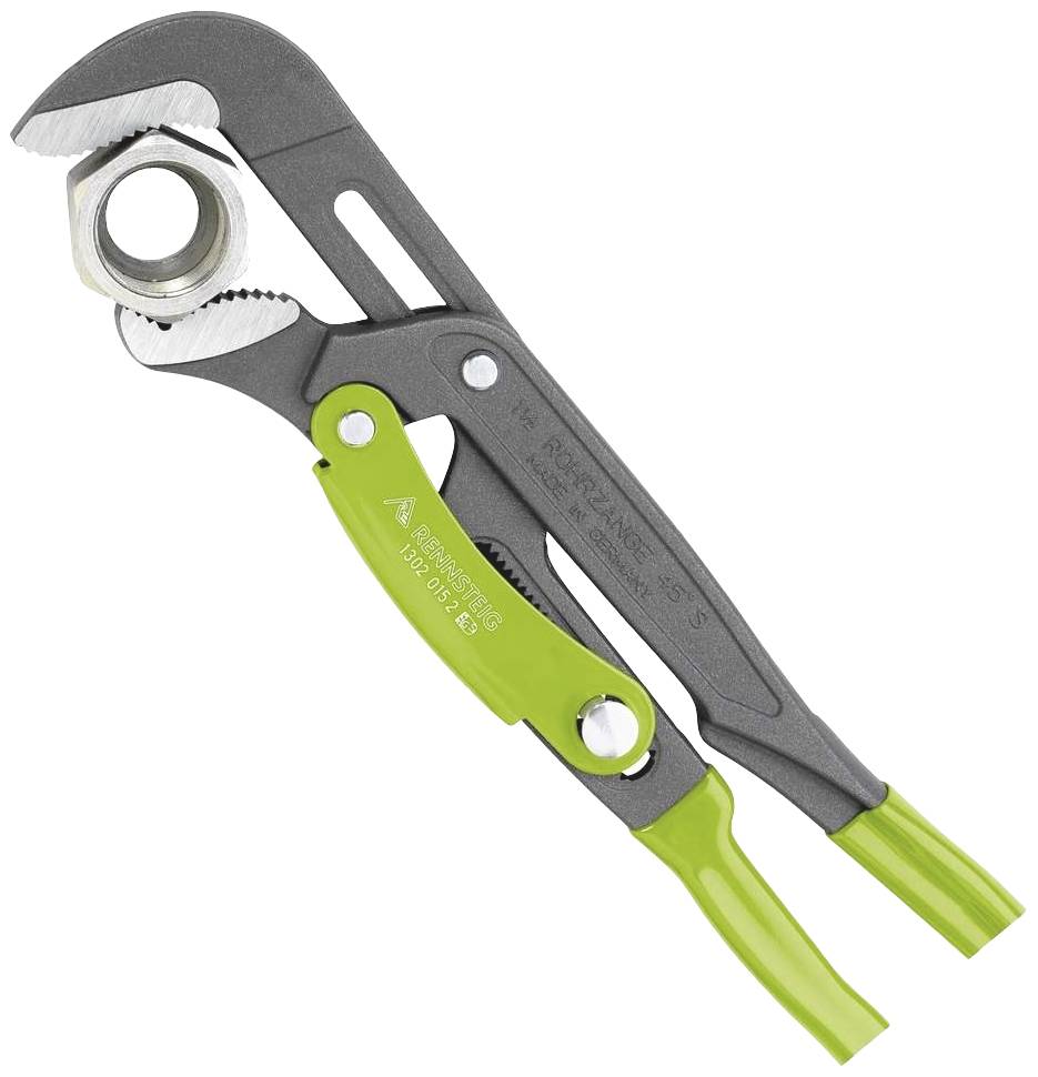A grey pipe wrench with a green handle, opened and ready to grip a round metal object such as a nut or bolt.