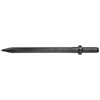 Black metal chisel with a round shaft and pointed end, positioned sideways. Suitable for construction or demolition work.