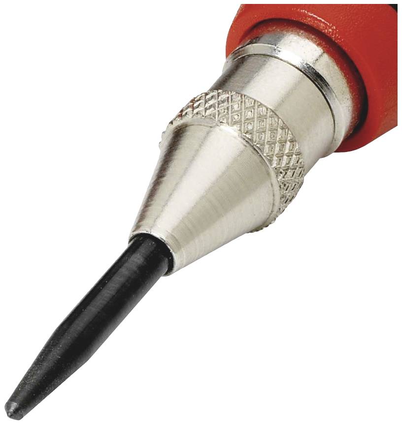 Close-up of a metal drill bit with a red handle, angled slightly. Textures and details of the tip are visible.