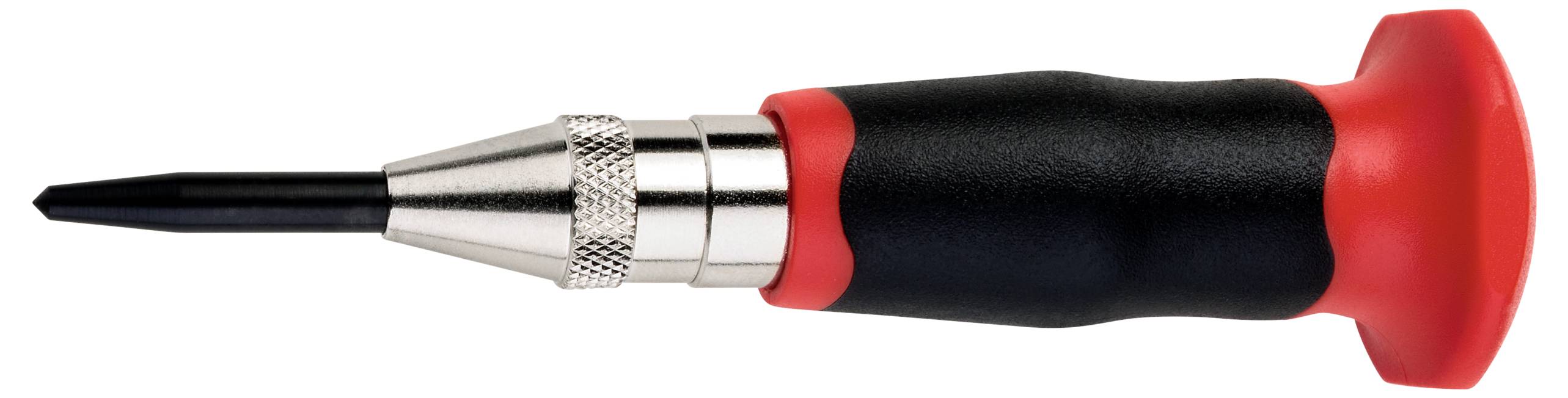 A screwdriver with a black handle and a red cap, tapering to a point and made of metal.