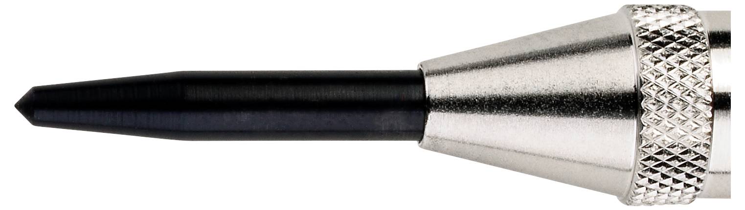 A detail of a silver metal tip with a black plastic part, possibly a tool or writing instrument.