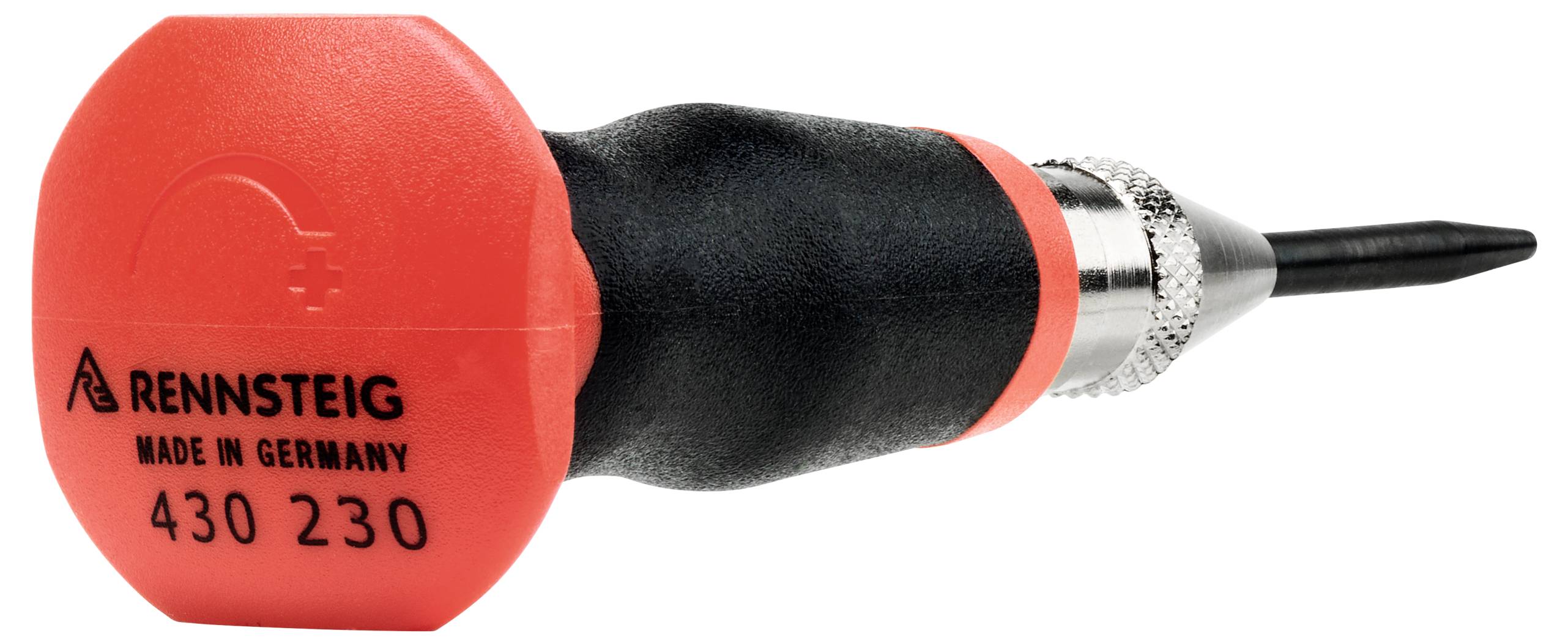 Red and black screwdriver by Rennsteig, Made in Germany, Model number 430 230, with textured grip and metal tip.