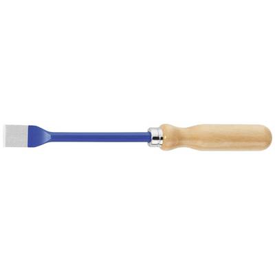 A wood chisel with a blue metal body and wooden handle, lying horizontally. Tools for carving or working with wood.